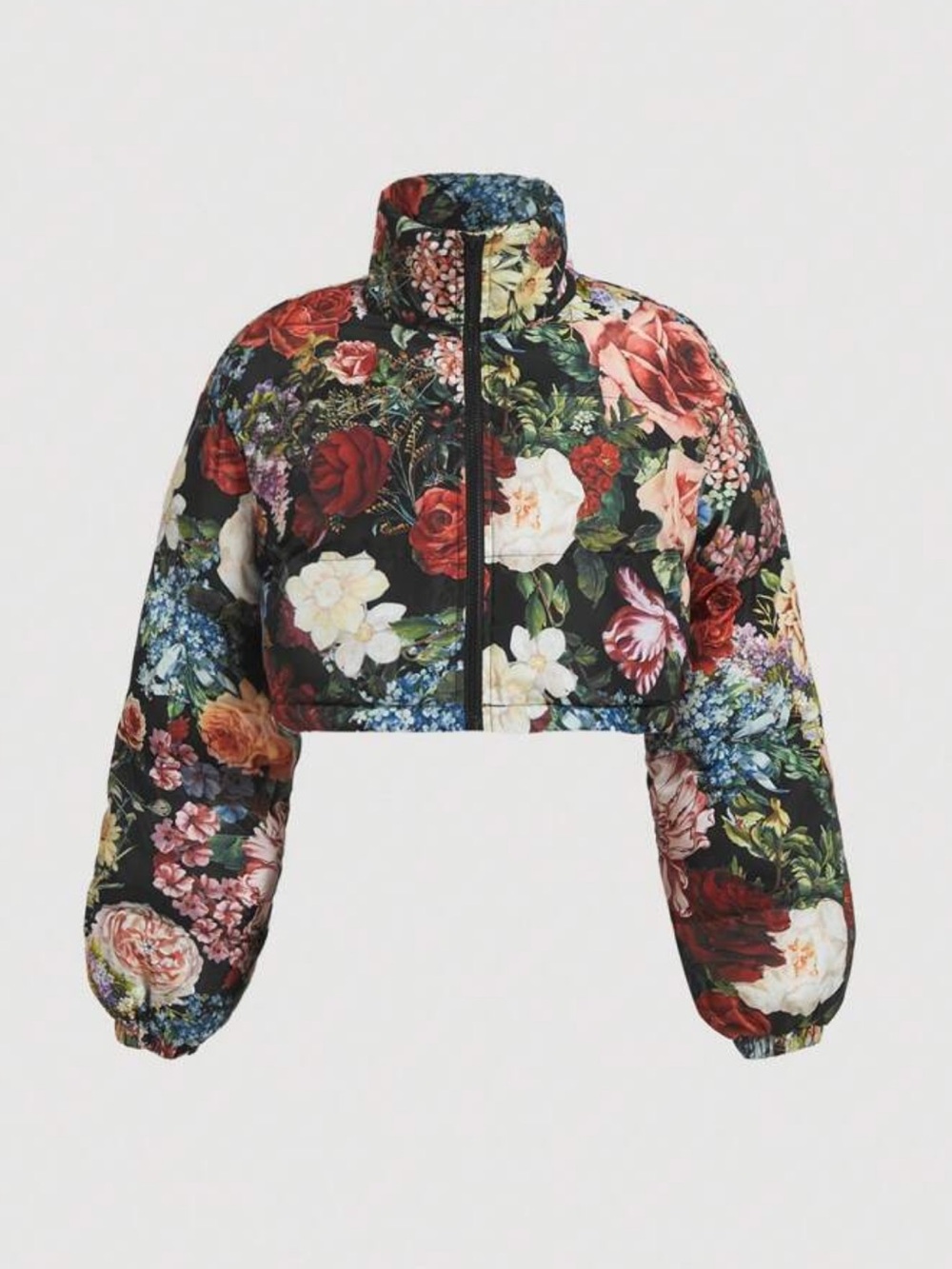 Floral Print Cropped Puffer Jacket - Black Multi